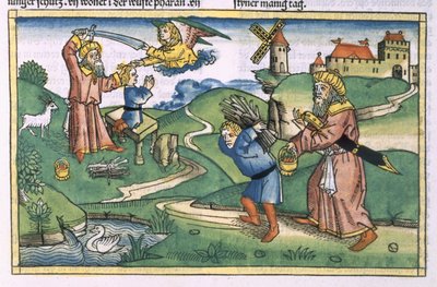 Mooseksen kirja 21 1-14 Abrahamin uhrilahja Iisakin, Nürnbergin Raamatusta (Biblia Sacra Germanaica) (värillinen puupiirros) tekijältä German School