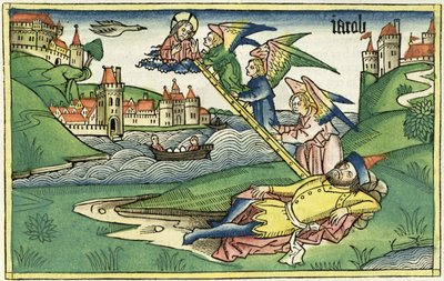 Genesis 28 10 Jacobs Ladder, Nürnbergin Raamatusta (Biblia Sacra Germanaica) (värillinen puupiirros) tekijältä German School