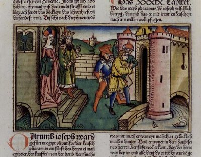 Genesis 39 19-23 Innocent Joseph on vangittu, "Nürnbergin Raamatusta (Biblia Sacra Germanaica)" (värillinen puupiirros) tekijältä German School