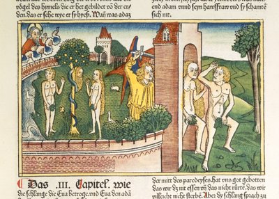 Genesis 3 1-24 Kiusaus ja karkotus paratiisista, Nürnbergin Raamatusta (Biblia Sacra Germanaica) (värillinen puupiirros) tekijältä German School