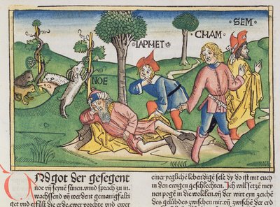 Genesis 9 20-27 Nooa, jonka hänen poikansa Shem, Ham ja Japeth peittivät viitalla, Nürnbergin Raamatusta (Biblia Sacra Germanaica) (värillinen puupiirros) tekijältä German School