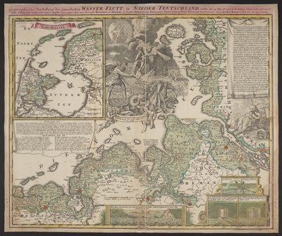 Maantieteellinen esitys kurjasta vesitulvasta Ala-Saksassa, joka tapahtui 25. joulukuuta 1717, noin 1718 (painettu) tekijältä German School