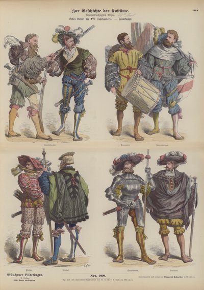 Saksalainen Landsknechte (palkkasotilaat), 1500-luvun alku (värillinen kaiverrus) tekijältä German School