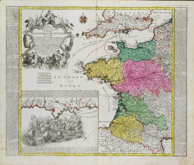 Saksalainen kartta, joka näyttää englantilaisten laivaston hyökkäykset Ranskan satamiin vuonna 1758 tekijältä German School
