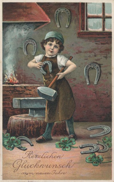 Saksalainen uudenvuodenkortti (väri litho) tekijältä German School