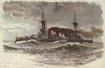 Saksalainen taistelulaiva SMS Weissenburg, 1800-luvun loppu tai 1900-luvun alku (väri litho) tekijältä German School