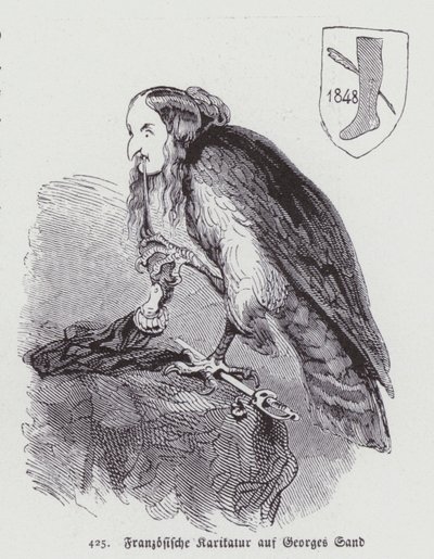 Saksalainen karikatyyri 1800-luvun ranskalaisesta naiskirjailijasta George Sandista (litho) tekijältä German School