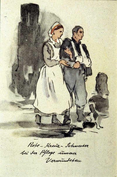 Saksalainen sairaanhoitaja tukemassa haavoittunutta miestä. 1942. tekijältä German School