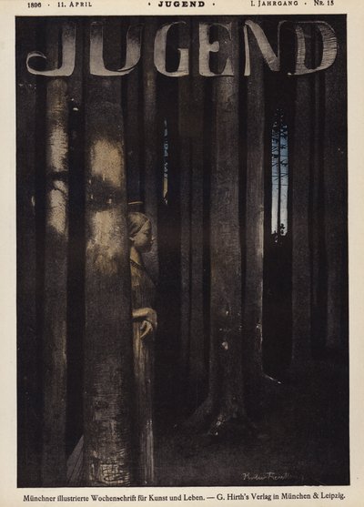 Tyttö kävelee metsässä yöllä (väri litho) tekijältä German School