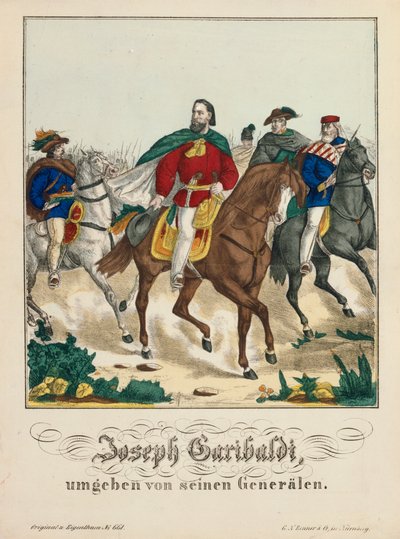 Giuseppe Garibaldi kenraalien ympäröimänä, julkaisija G.N. Renner, Nürnberg, 1866 tekijältä German School