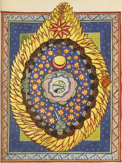 Jumala, kosmos ja ihmiskunta. Miniatyyri Liber Sciviasta, Hildegard of Bingen, n. 1175 (akvarelli pergamentille) tekijältä German School