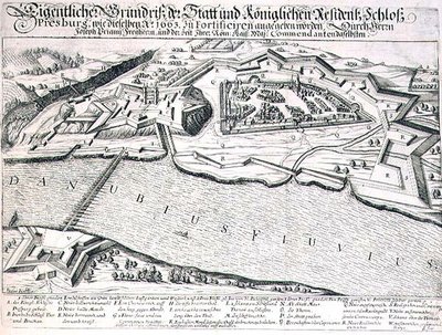 Pressburgin kaupungin ja linnan ja sen linnoitusten pohjapiirros vuonna 1663, kuvitus kirjasta ottomaanien sotatoimista Euroopassa, kaiverrettu Paul Furst (n. 1605-66) (kaiverrus) tekijältä German School