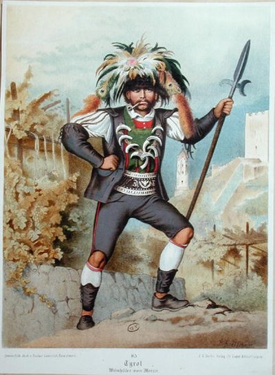 Viinitarhojen vartiointi Meranissa Tirolissa (väri litho) tekijältä German School