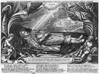 Kustaa Adolphus II (1594-1632) Ruotsin kuningas kuolinvuoteellaan, 1633 tekijältä German School