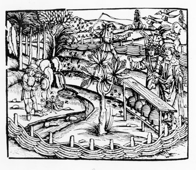 Onnelliset aviomiehet hoitavat mehiläisiä, kuvitus Vergiliusin Georgicsista, kirja IV, Sebastian Brantsin (1457-1521) painos, julkaistu 1502 tekijältä German School