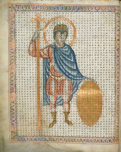 Harley 3045 fol.2 Keisari Ludvig I, hurskas, pitelee ristiä ja kilpiä, teoksesta "De Laudibus Sancte Crucis", n. 1170-1179 (vellum); tekijältä German School