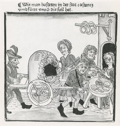 Pannukakkujen ja Pretzelin haukkari, Konstanzin kirkolliskokouksen aikana vuonna 1417, inkunaabulin jälkeen, n. 1485 (kynä ja muste paperille) tekijältä German School