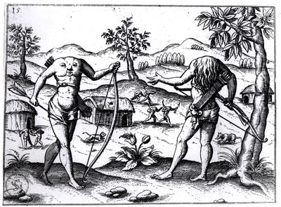 Päättömät miehet ja naiset, piirros Sir Walter Raleighin Guyana-kertomuksesta, julkaistu Nürnbergissä, 1599 tekijältä German School