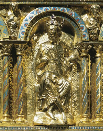 Henrik IV, Pyhän Rooman keisari (1050-1106), yksityiskohta keisari Kaarle Suuren pyhäköstä (742-814) 1215 (kulta- ja champleve-emali) tekijältä German School