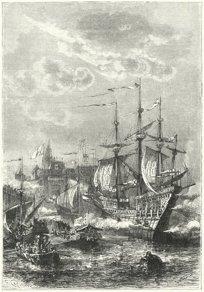 Henrik VIII ja englantilainen laivasto laskeutumassa Calais