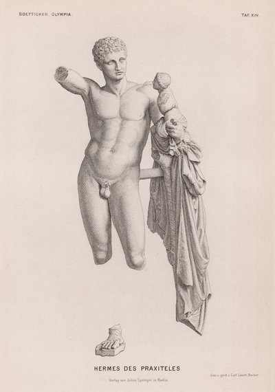 Hermes ja Dionysos-lapsi, Praxiteles-veistos, joka on kaivettu Olympiassa, Kreikassa (kaiverrus) tekijältä German School