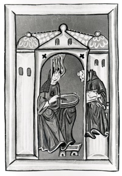Hildegard Bingenistä vastaanottamassa valoa taivaasta, n. 1151 (vellum) (valkoinen kuva) tekijältä German School