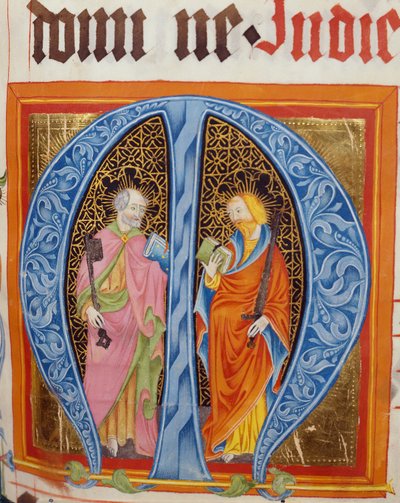 Historioitu alkukirjaus M pyhien Pietarin ja Paavalin kanssa, Langenzennin Friedrich Zollnerin Graduaalista, 1439-42 tekijältä German School