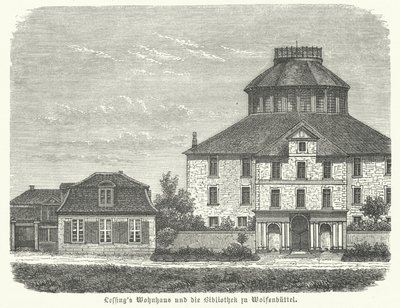 Saksalaisen filosofin ja dramaturgin Gotthold Ephraim Lessingin koti ja Wolfenbuettelin kirjasto (kaiverrus) tekijältä German School