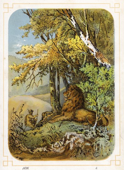 Hunter lähestyy leijonaa (väri litho) tekijältä German School