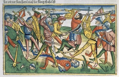 I Samuel 28 1-2 Filistealaisten sota Israelia vastaan, Nürnbergin Raamatusta (Biblia Sacra Germanaica) (värillinen puupiirros) tekijältä German School