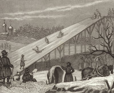 Jääliukumäki Venäjällä. Kuva Bilder-Atlasista (kaiverrus) tekijältä German School