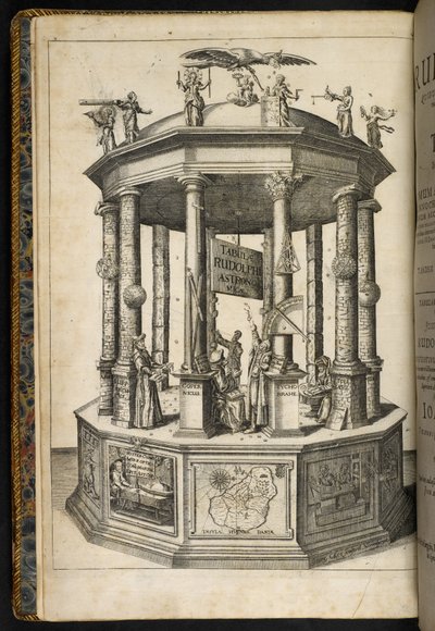 Kuvitettu etulevy, jossa on Uranian temppeli, tähtitieteen museo, Johannes Keplerin teoksesta "Tabulae Rudolphinae, quibus astronomicae scientiae" tekijältä German School