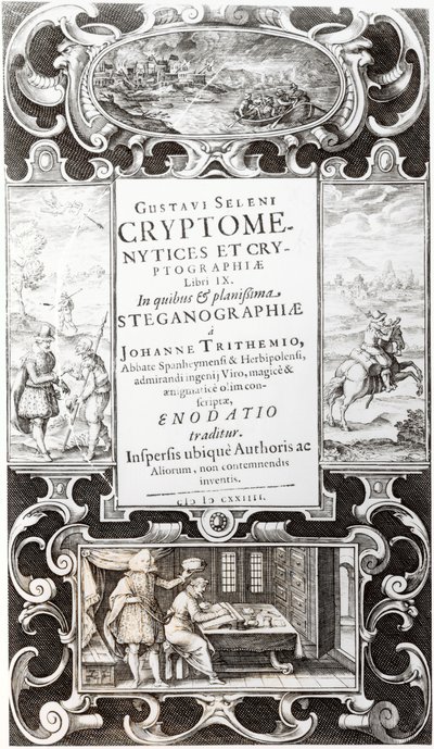Kuvitus Gustavus Selenuksen (Augustus, Brunswickin herttua) 9. kirjasta Cryptomenysis ja kryptografia, 1624 tekijältä German School