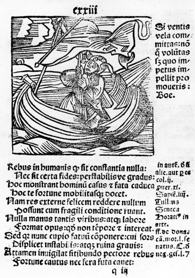 Kuvitus Sebastian Brantin Stultifera Mortal Ship -laivasta, paina Johannes Schenspenger, 1497 (woocut) tekijältä German School