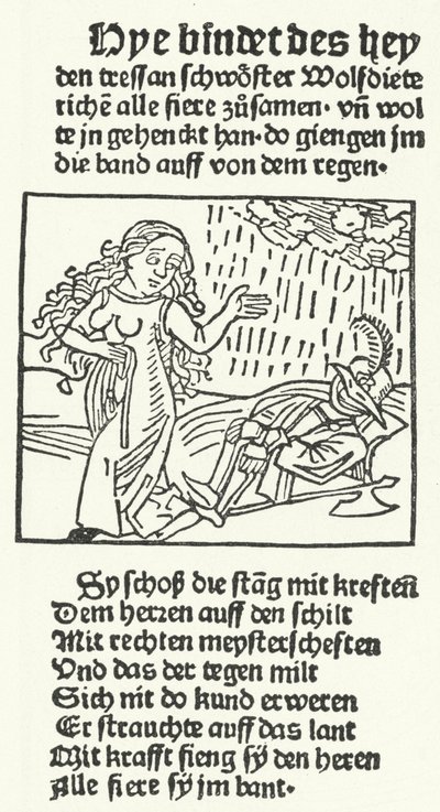 Kuvitus romanttisen sankarin Wolfdietrichin tarinasta, jonka Hans Schoensperger julkaisi Augsburgissa vuonna 1491 (kaiverrus) tekijältä German School