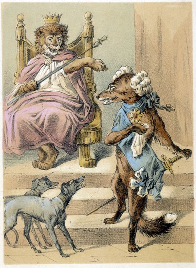 Kuva Franz Hoffmannin tarinoista "" Tarinoita ja taruja - Kettu": Kettu puhumassa Leijonakuninkaan edessä. 1800-luvun kromolitografia. tekijältä German School
