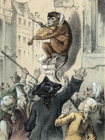 Kuva Franz Hoffmannin tarinoista "" Tales and Fables - The Apina ja viulu"": apina soittaa viulua yleisön edessä. 1800-luvun kromolitografia. tekijältä German School