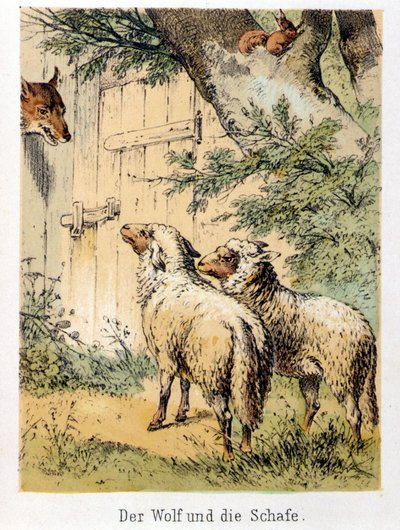 Kuva Franz Hoffmannin tarinoista "" Tarinoita ja taruja - Susi ja lammas"": susi keskustelee kahden lampaan kanssa. 1800-luvun kromolitografia. tekijältä German School