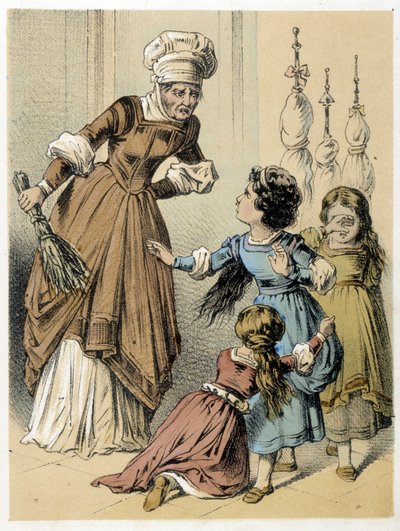 Kuva Franz Hoffmannin tarinoista "" Tales et Fables - Les 3 Gifts"": nainen pahoinpiteli kolmea tyttöä. 1800-luvun kromolitografia. tekijältä German School