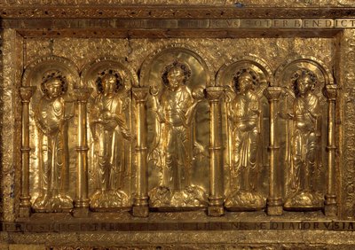 Balen katedraalin alttarin edessä Benching Christin, kolmen arkkienkelin (Michael, Gabriel ja Raphael) ja pyhä Benedict of Nursie ympärillä ja hänen jalkojensa juuressa keisari Henrik II sanoi Pyhän (973-1024) ja Tee vaikutus Cunegondeen (975-103 tekijältä German School