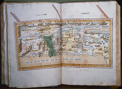 Inc. 425 Pyhän maan kartta, joka perustuu Cosmographicassa annettuihin kuvauksiin ja koordinaatteihin, Ptolemaios (Claudius Ptolemaios Aleksandrialainen) (n. 90-168 jKr.), julkaissut Ulmissa, Saksassa, Johann Reger fo tekijältä German School