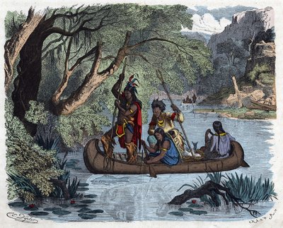 Intiaanit kalastavat kanootilla joella Amerikassa. Teoksessa "" Wenn Jemand eine Reise thut, so kann er was erzahlen"" (Kun joku matkustaa, tämän hän osaa kertoa), Franz Wiedemannin saksalainen tarina tekijältä German School