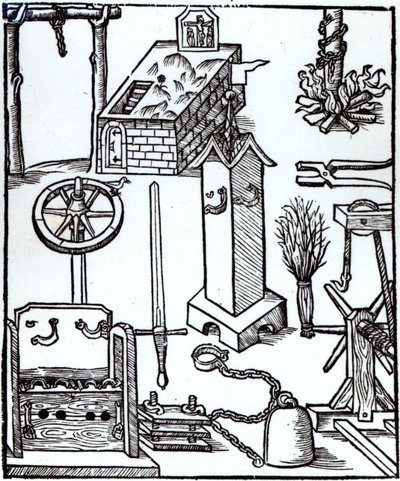 Teloitus-, rangaistus- ja kidutusvälineet, kuvitus Bamberger Halsgerichtistä, 1507 tekijältä German School