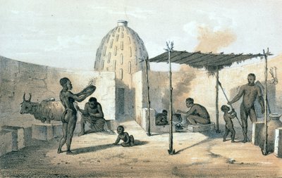 Tšadin lähellä sijaitsevan Musgu-asunnon sisustus, tohtori Heinrich Barthin (1821-65) "Matkat ja löydöt Pohjois- ja Keski-Afrikassa" (litho) tekijältä German School