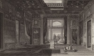 Roomalaisen talon sisustus Pompejissa. Kuva Bilder-Atlasista (kaiverrus) tekijältä German School