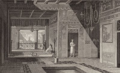 Roomalaisen talon sisustus Pompejissa. Kuva Bilder-Atlasista (kaiverrus) tekijältä German School