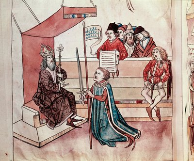 Ritarin vihkiminen. Miniatyyri Ulrich Richentalin (1360-1437) "Konstanz kirkolliskokouksen kronikoista" 1438 suunnilleen Praha, kansalliskirjasto tekijältä German School