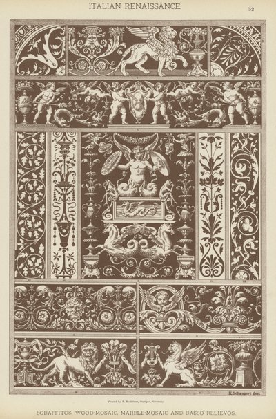 Italian renessanssi, sgraffitos, puu-mosaiikki, marmori-mosaiikki ja basso-relievos (värilitho) tekijältä German School