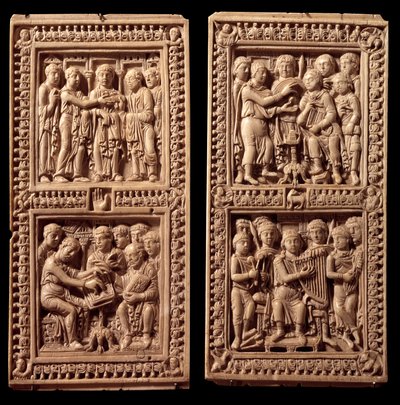 Dagulf Psalterin norsunluiset siteet: David, Saint Jerome. Kaarle Suuri tilasi sen kirjuri Dagulille (tai Dagulfelle) paavi Adrien I:lle. 800-luvun loppu. Aix la Chapellesta. Pariisi, Louvre-museo tekijältä German School