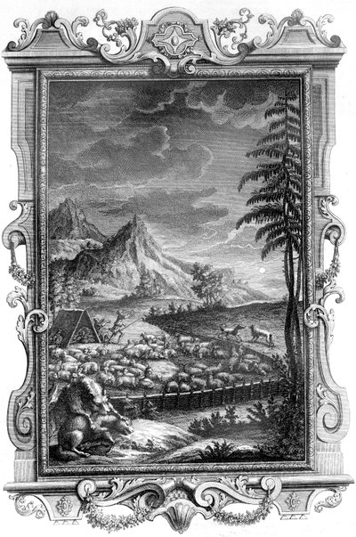 Jaakob, uskollinen paimen, suojelemassa lammaslaumaansa susien hyökkäyksiltä, 1731 (kuparikaiverrus) tekijältä German School
